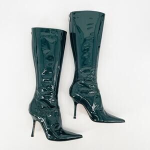 Retro  Jimmy Choo Bottle Green Patent Leather Knee High Pointed Toe Boot IT 38.5